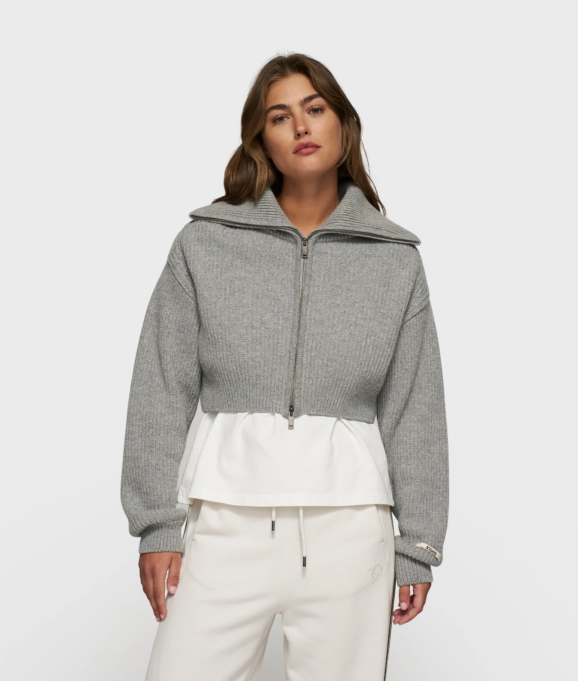 10DAYS Cropped Knit Zip Jacket "hellgrau meliert"