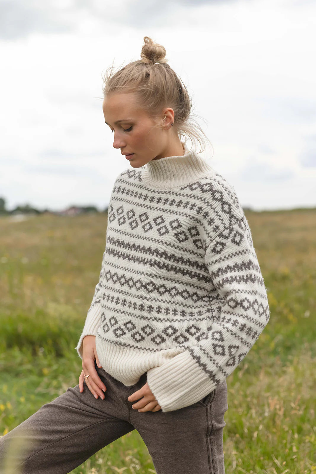 BLUE Fe Jaquard Strickpulli - Cream/Light Chocolate