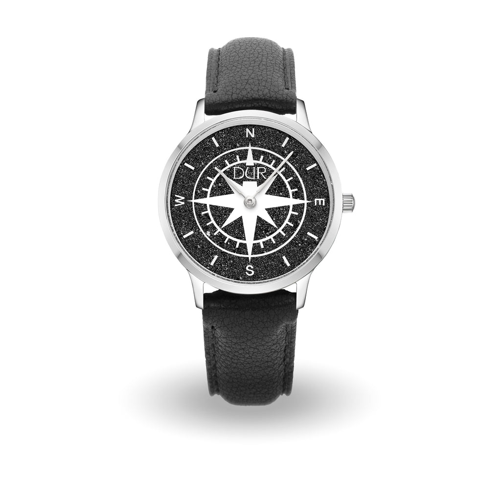 DUR Uhr 36er "Kompass" Lavasand, Lederband schwarz
